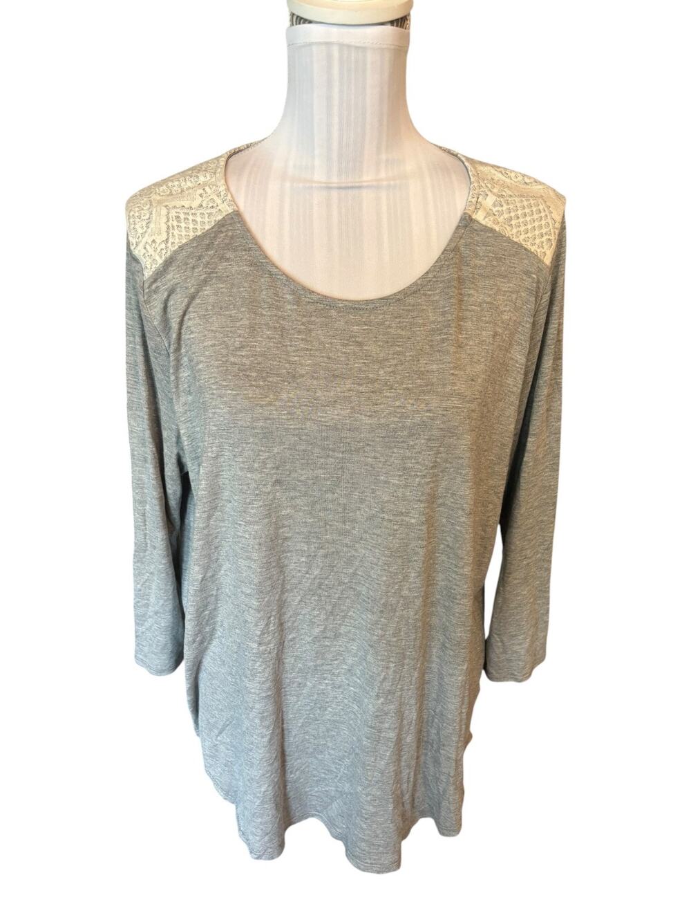 pixley Gray Long Sleeve Top White Lace Overlay Size L